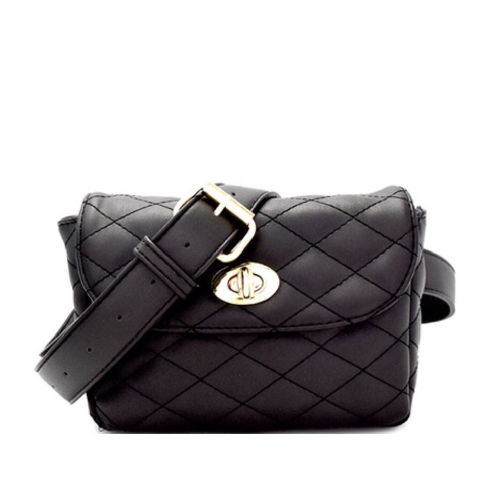Black Quilted Turn Lock Waist Bag
